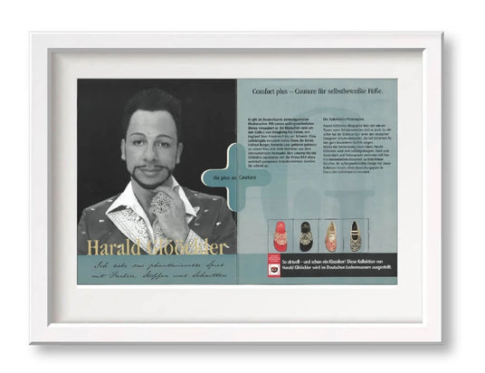 Gerahmtes Design-Bild mit Harald Glööckler und Kollektion für modische Schuhe, ausgezeichnet durch Komfort.