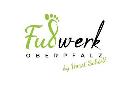 Logo zeigt die Schrift 'Fußwerk Oberpfalz by Horst Schell' mit einem Fußabdruck in grün